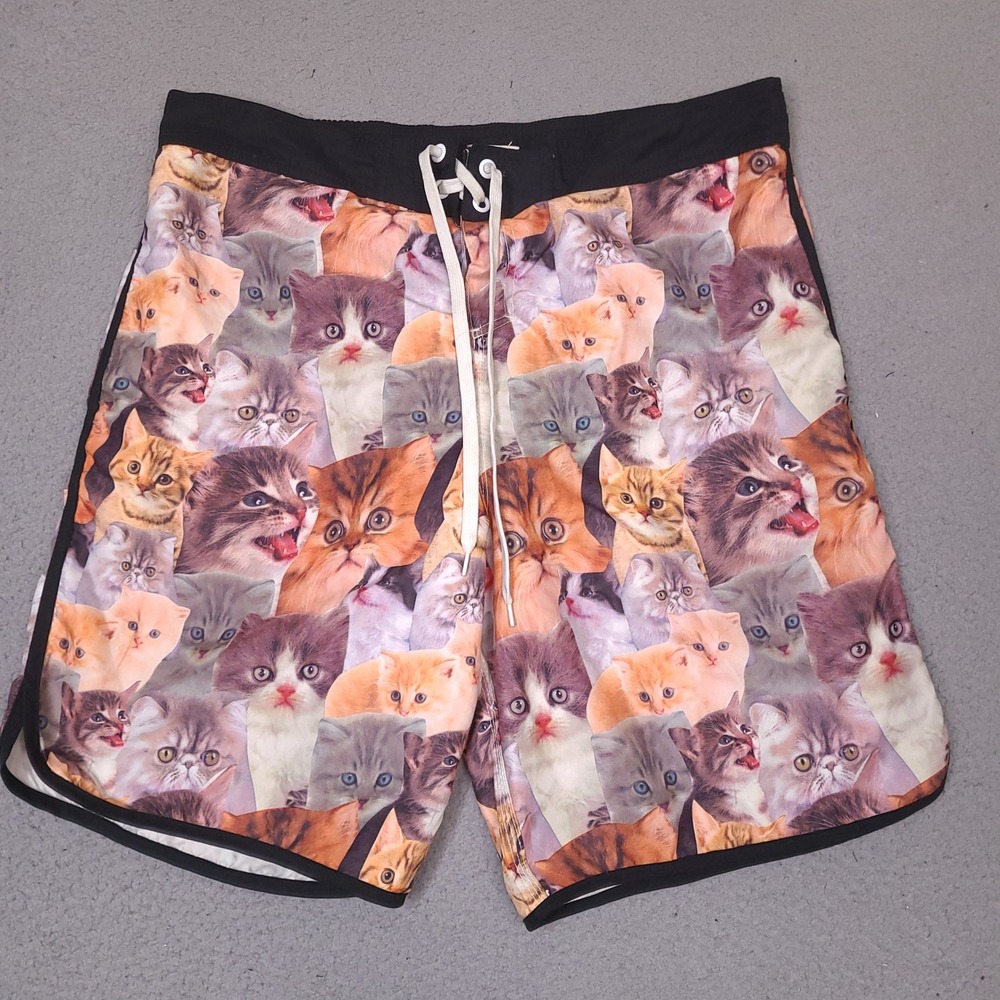 Bioworld Swim Trunks Mens XXL 38 All Over Cat Kitten Print Shorts Mesh Lined